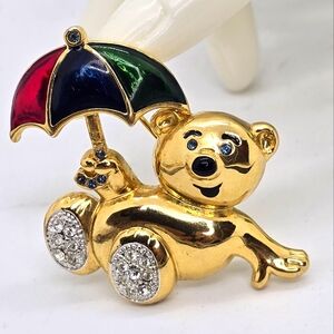 Vintage Enamel and Rhinestone Crystal Brooch Bear with Umbrella